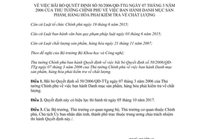 Quyết định 37/2017/QĐ-TTg bãi bỏ 50/2016/QĐ-TTg Danh mục hàng hóa phải kiểm tra chất lượng