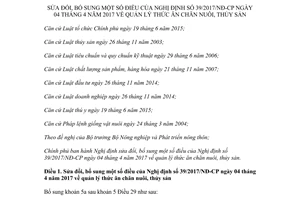 Nghị định 100/2017/NĐ-CP sửa đổi 39/2017/NĐ-CP quản lý thức ăn chăn nuôi thủy sản