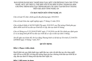 Quyết định 55/2017/QĐ-UBND danh mục nghề đào tạo mức hỗ trợ đối tượng đào tạo sơ cấp Nghệ An