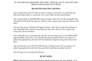 Quyết định 3117/QĐ-BCT 2017 bổ sung danh mục máy móc vật tư trong nước đã sản xuất được