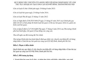 Quyết định 38/2017/QĐ-TTg chuyển cửa khẩu hàng nhập khẩu thủ tục hải quan cảng cạn ICD Mỹ Đình