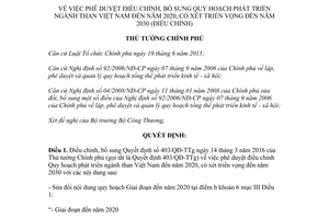 Quyết định 1265/QĐ-TTg 2017 điều chỉnh Quy hoạch phát triển ngành than Việt Nam 2020 2030