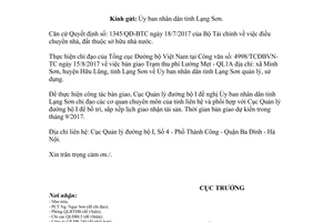 Công văn 1944/CQLĐBI-TC 2017 bàn giao tài sản hạ tầng đường bộ điều chuyển địa phương quản lý