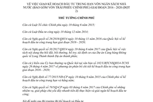 Quyết định 1291/QĐ-TTg 2017 giao kế hoạch đầu tư trung hạn vốn ngân sách nhà nước 2016 2020