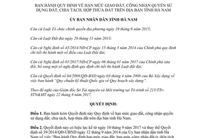 Quyết định 36/2017/QĐ-UBND hạn mức giao đất công nhận chia tách hợp thửa đất Hà Nam