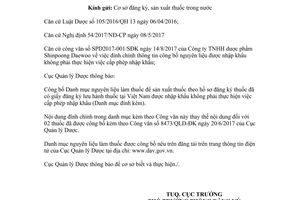 Công văn 12940/QLD-ĐK 2017 đính chính nguyên liệu thuốc nhập khẩu không cấp phép nhập khẩu