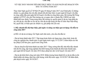 Chỉ thị 6925/CT-BNN-KH 2017 đẩy nhanh tiến độ thực hiện giải ngân kế hoạch vốn đầu tư công