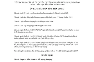 Quyết định 23/2017/QĐ-UBND phân cấp ủy quyền quyết định đầu tư xây dựng công trình Tiền Giang