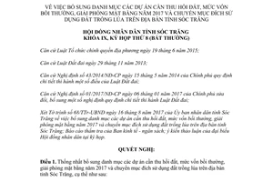 Nghị quyết 21/2017/NQ-HĐND bổ sung danh mục dự án thu hồi đất giải phóng mặt bằng Sóc Trăng