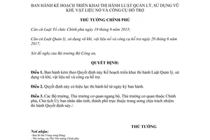 Quyết định 1356/QĐ-TTg 2017 Kế hoạch triển khai thi hành Luật Quản lý sử dụng vũ khí vật liệu nổ