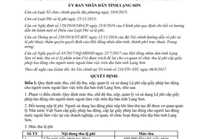 Quyết định 44/2017/QĐ-UBND Lệ phí cấp giấy phép lao động cho người nước ngoài Lạng Sơn