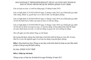 Thông tư 206/2017/TT-BQP Quy trình kiểm định kỹ thuật an toàn Máy đánh gỉ đạn