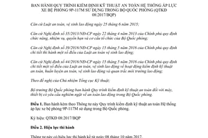 Thông tư 203/2017/TT-BQP kiểm định kỹ thuật an toàn Hệ thống áp lực xe bệ phóng 9P 117M