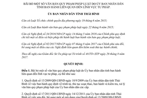 Quyết định 18/2017/QĐ-UBND bãi bỏ văn bản quy phạm pháp luật trong lĩnh vực tư pháp Thái Bình