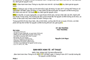 Thông tư 30/2017/TT-BTNMT định mức kinh tế kỹ thuật điều tra đánh giá tài nguyên nước