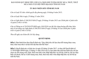 Quyết định 39/2017/QĐ-UBND tiêu chí lựa chọn đối tượng được mua thuê nhà ở xã hội Hà Nam