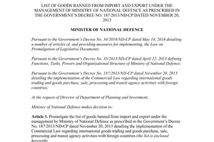 Circular 40/2017/TT-BQP list goods banned from import export Decree 187/2013/ND-CP