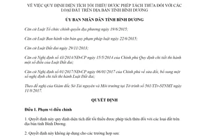 Quyết định 25/2017/QĐ-UBND diện tích đất tối thiểu được phép tách thửa Bình Dương