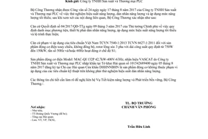 Công văn 8486/BCT-VP 2017 xác nhận thử nghiệm hiệu suất dán nhãn năng lượng