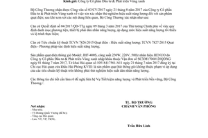 Công văn 8484/BCT-VP 2017 xin xác nhận thử nghiệm hiệu suất dán nhãn năng lượng