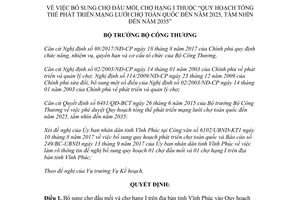 Quyết định 3705/QĐ-BCT 2017 bổ sung chợ đầu mối thuộc Quy hoạch mạng lưới chợ toàn quốc