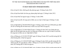 Quyết định 15/2017/QĐ-UBND bảng giá tính thuế tài nguyên Khánh Hòa