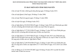 Quyết định 27/2017/QĐ-UBND Bảng giá tính thuế tài nguyên Thái Nguyên