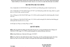 Quyết định 2018/QĐ-BTC 2017 bổ sung Danh mục Bảng giá tính lệ phí trước bạ ô tô xe máy