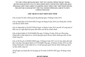 Quyết định 1762/QĐ-UBND 2017 thủ tục hành chính không thực hiện dịch vụ bưu chính Bạc Liêu