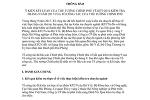 Thông báo 849/TB-TCTTTg 2017 kết luận Thủ tướng Chính phủ kiểm tra tháng 9 Tổ công tác