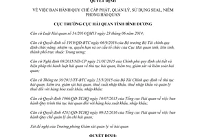 Quyết định 1116/QĐ-HQBD 2017 cấp phát quản lý sử dụng seal niêm phong hải quan Bình Dương