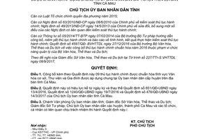 Quyết định 1585/QĐ-UBND 2017 công bố thủ tục hành chính Văn hóa cơ sở Thư viện Gia đình Cà Mau