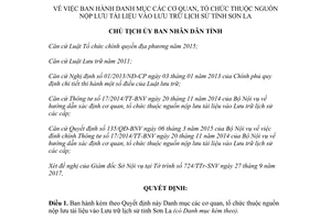 Quyết định 2563/QĐ-UBND 2017 cơ quan thuộc nguồn nộp lưu tài liệu vào Lưu trữ lịch sử Sơn La