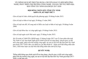 Nghị quyết 25/2017/NQ-HĐND chính sách hỗ trợ ứng dụng chuyển giao đổi mới công nghệ Tây Ninh