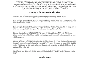 Quyết định 1764/QĐ-UBND 2017 công bố thủ tục hành chính Sở nhận hồ sơ qua bưu chính Bạc Liêu