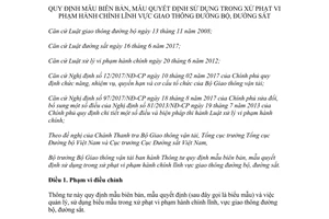 Thông tư 37/2017/TT-BGTVT mẫu biên bản quyết định trong xử phạt vi phạm hành chính giao thông