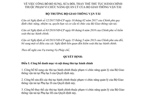 Quyết định 2784/QĐ-BGTVT 2017 công bố thủ tục hành chính thuộc quản lý Bộ Giao thông vận tải