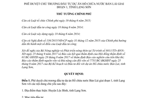 Quyết định 1511/QĐ-TTg 2017 Hồ chứa nước Bản Lải giai đoạn 1 tỉnh Lạng Sơn