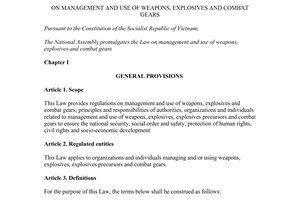 Law 14/2017/QH14 management use of weapons explosives combat gears