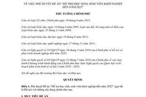Quyết định 1665/QĐ-TTg nă2017 phê duyệt Đề án "Hỗ trợ học sinh, sinh viên khởi nghiệp đến năm 2025" do Thủ tướng Chính phủ ban hành