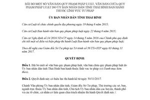 Quyết định 22/2017/QĐ-UBND bãi bỏ văn bản quy phạm lĩnh vực tư pháp của Ủy ban tỉnh Thái Bình