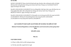 Quy chuẩn kỹ thuật quốc gia QCVN 21:2015/BGTVT/SĐ1: 2016 về Phân cấp và đóng tàu biển vỏ thép