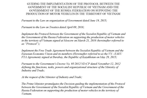 Decision 08/2017/QD-TTg suppoting the production motor vehicles in the territory Vietnam Russia