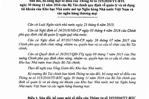 Thông tư 131/2017/TT-BTC sửa đổi Thông tư 315/2016/TT-BTC sử dụng tài khoản của Kho bạc