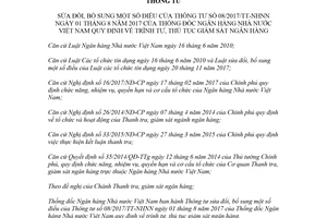 Thông tư 04/2018/TT-NHNN sửa đổi Thông tư 08/2017/TT-NHNN thủ tục giám sát ngân hàng