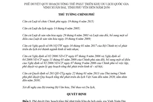 Quyết định 2127/QĐ-TTg 2017 phê duyệt Quy hoạch tổng thể Khu du lịch quốc gia Vịnh Xuân Đài