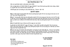 Quyết định 5877/QĐ-BYT 2017 triển khai dự phòng lây truyền HIV từ mẹ sang con tại các cơ sở y tế