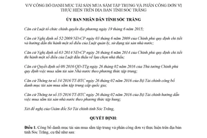 Quyết định 53/QĐ-UBND 2018 công bố danh mục tài sản mua sắm tập trung Sóc Trăng