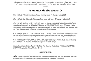 Quyết định 01/2018/QĐ-UBND bãi bỏ 67/2007/QĐ-UBND 34/2013/QĐ-UBND Bình Phước