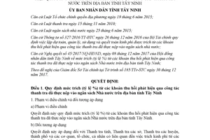 Quyết định 01/2018/QĐ-UBND trích từ khoản thu hồi phát hiện qua công tác thanh tra Tây Ninh